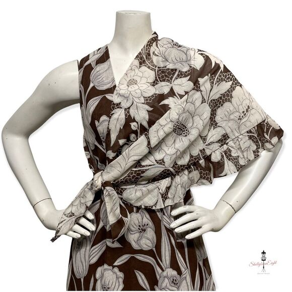 Vintage 1970s Floral Print Brown White Maxi Dress & Matching Shawl Scarf S 4 6 - Picture 11 of 15
